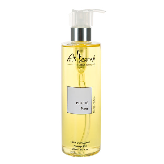 Altearah pure white massage oil in a 250ml bottle, suitable for body care and relaxation, with a clean, minimalist label.