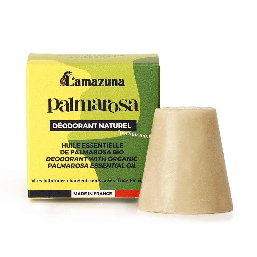 Lamazuna palmarosa deodorant stick in a 30g container, natural deodorant product with a minimalist design.