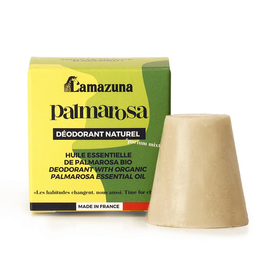 Lamazuna palmarosa deodorant stick in a 30g container, natural deodorant product with a minimalist design.