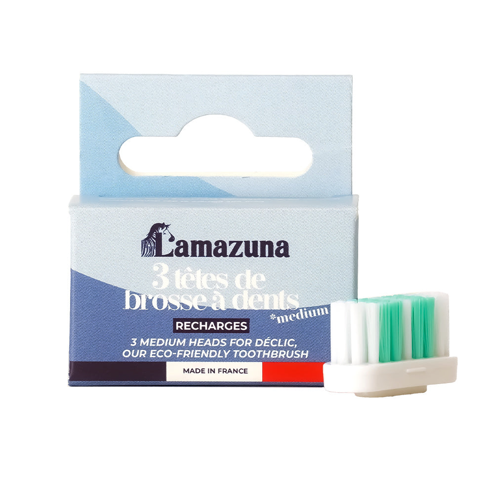 Lamazuna set of 3 medium toothbrush heads for electric toothbrushes, shown in white and green packaging.