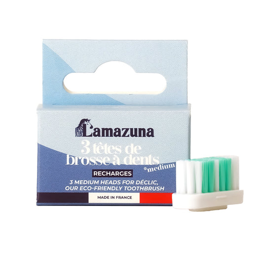 Lamazuna set of 3 medium toothbrush heads for electric toothbrushes, shown in white and green packaging.