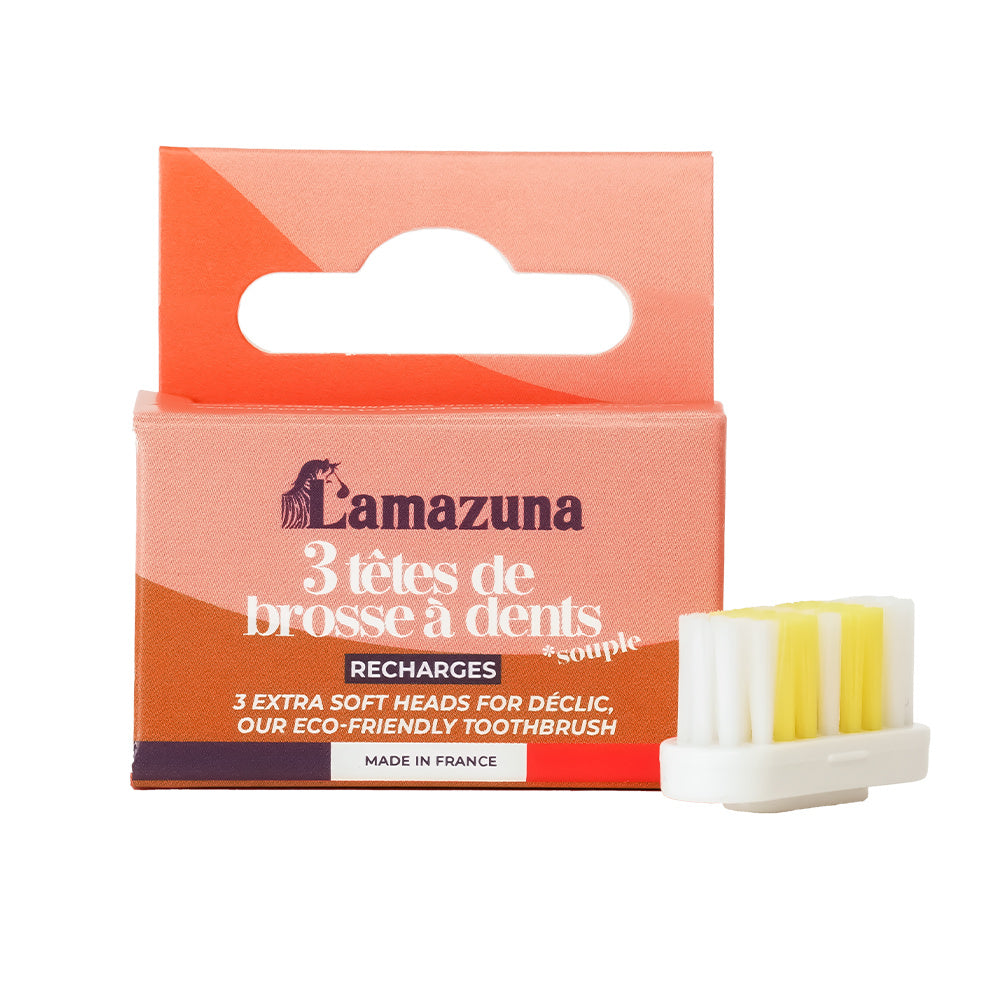Set of three Lamazuna soft toothbrush heads for replacement, showing white bristles and compact design.