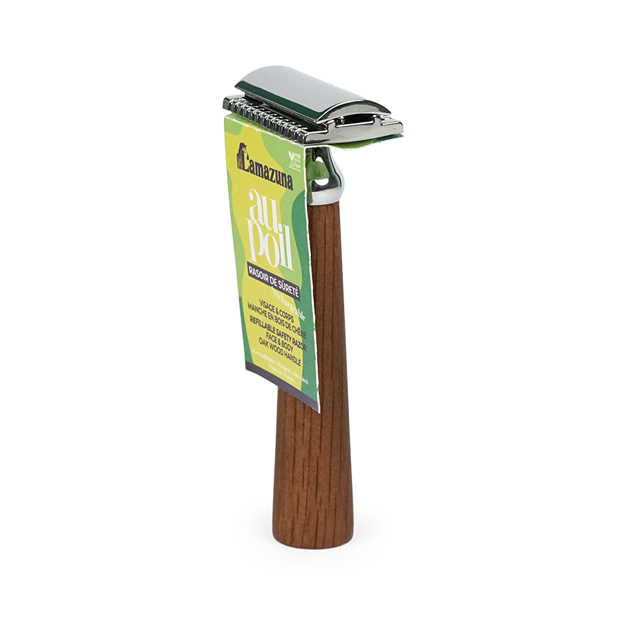 Lamazuna refillable safety razor, a sustainable shaving tool with a sleek handle, designed for eco-friendly grooming.