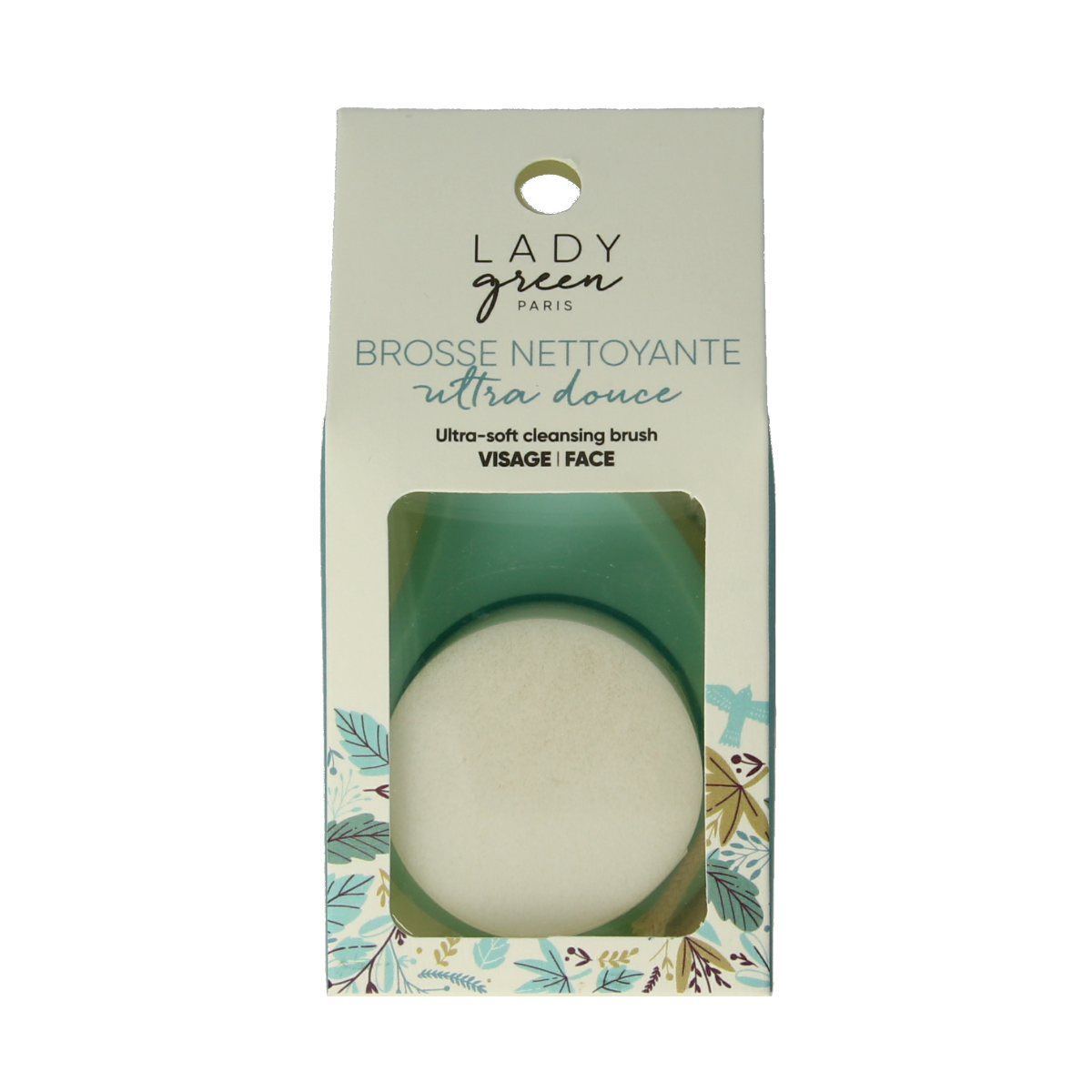 Lady Green ultra-soft face cleansing brush for make-up removal, shown in green color with a rounded brush head.