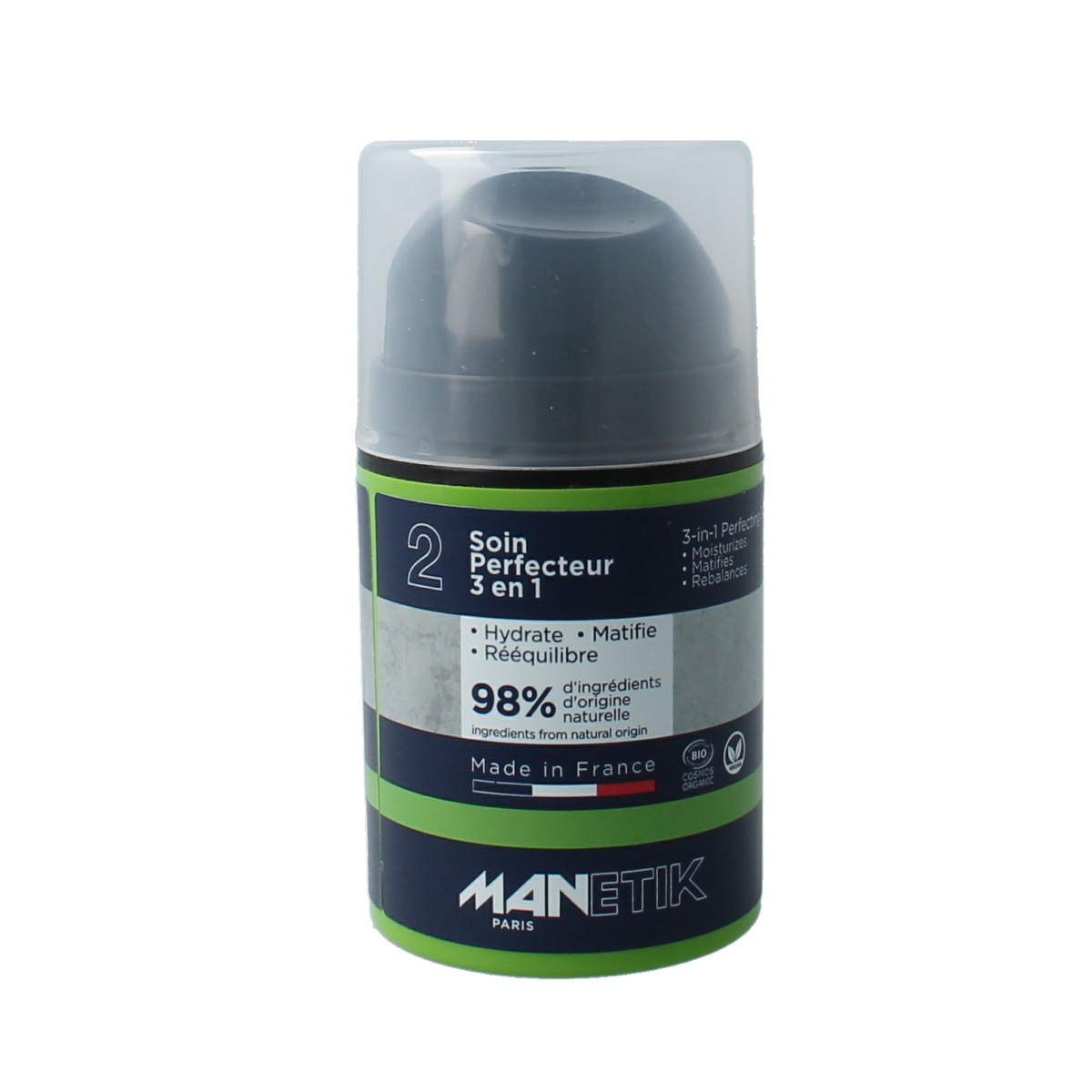 Manetik Perfect & Mat 3-in-1 face care cream in a 50ml jar, designed for perfecting and mattifying skin.