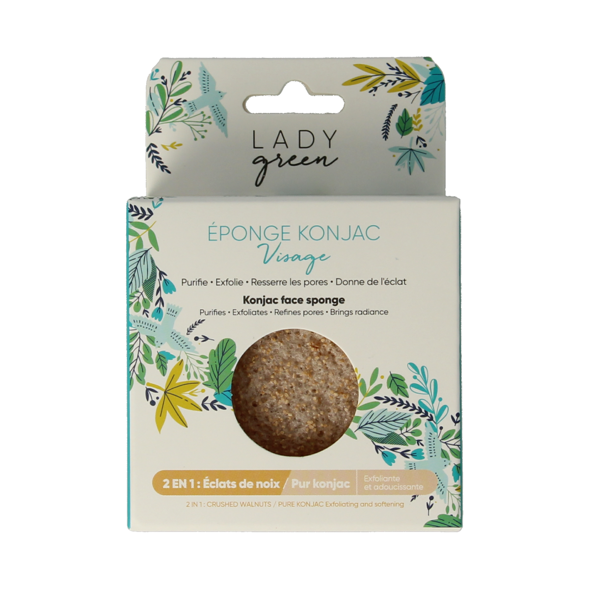 Lady Green konjac facial sponge with crushed walnut, designed for gentle cleansing in bad en douche routines.