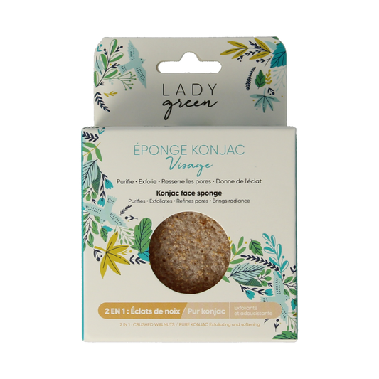 Lady Green konjac facial sponge with crushed walnut, designed for gentle cleansing in bad en douche routines.