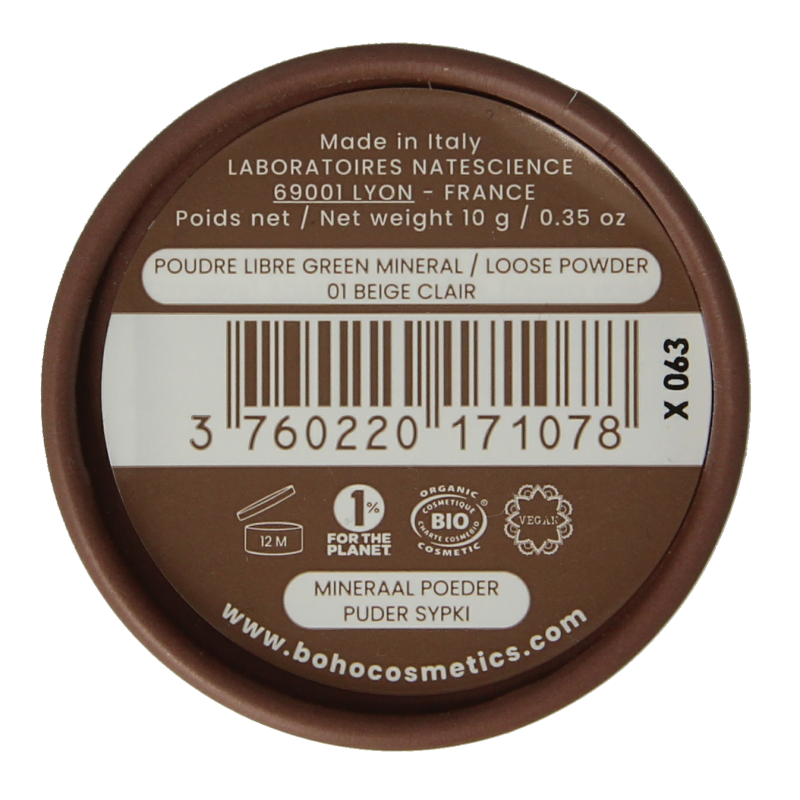 Boho Green Makeup mineral loose powder in beige clair 01, 10g, natural makeup product with a soft beige finish.