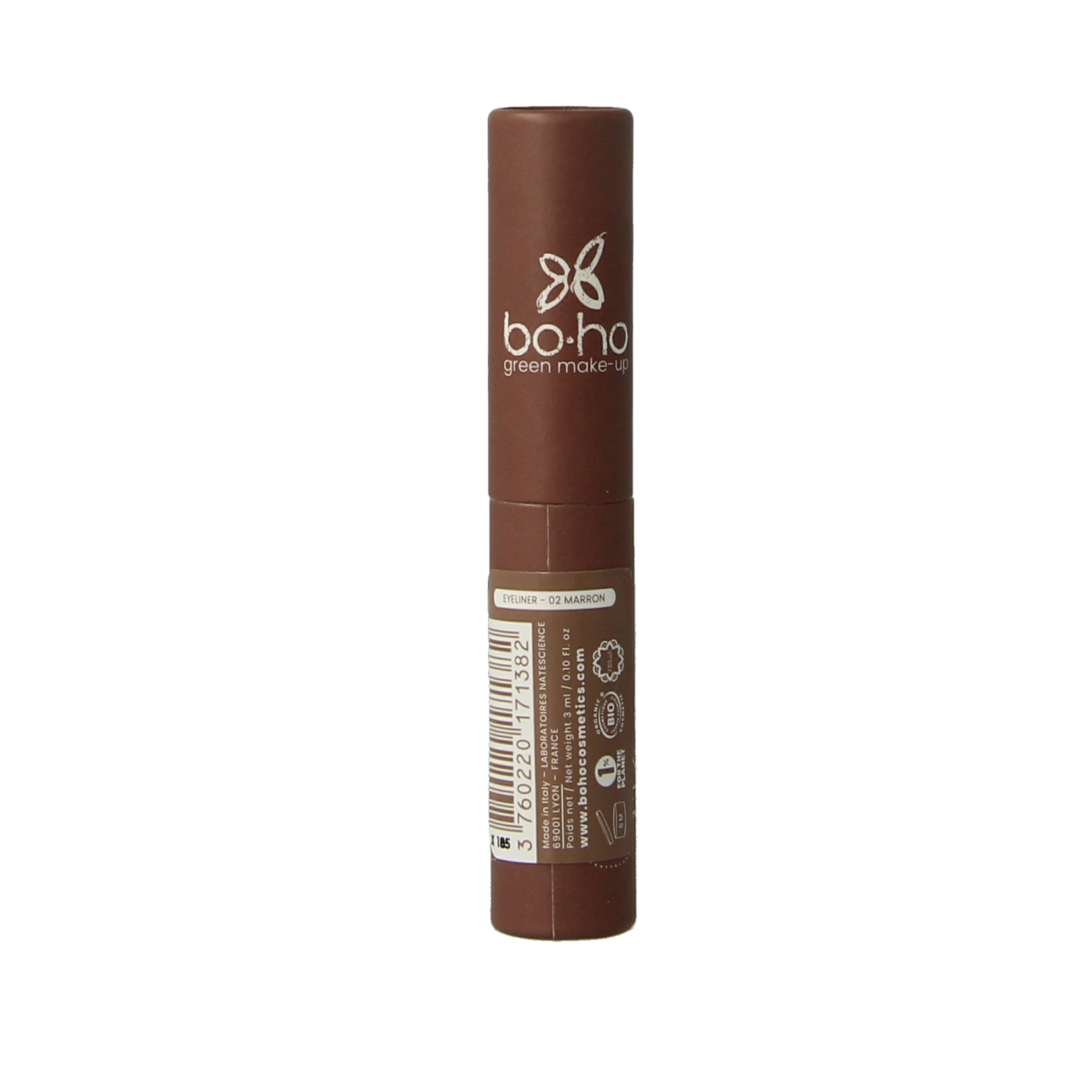Boho green makeup Greenliner Marron 02, green makeup pencil, 3ml, with green and brown tones, displayed on a white background.