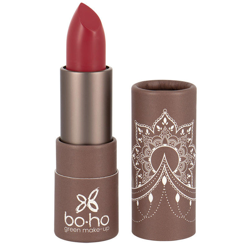 Boho Green Make-Up lipstick Tulipe 106 in matte finish, 3.5g, featuring a green packaging and a vibrant pink shade.