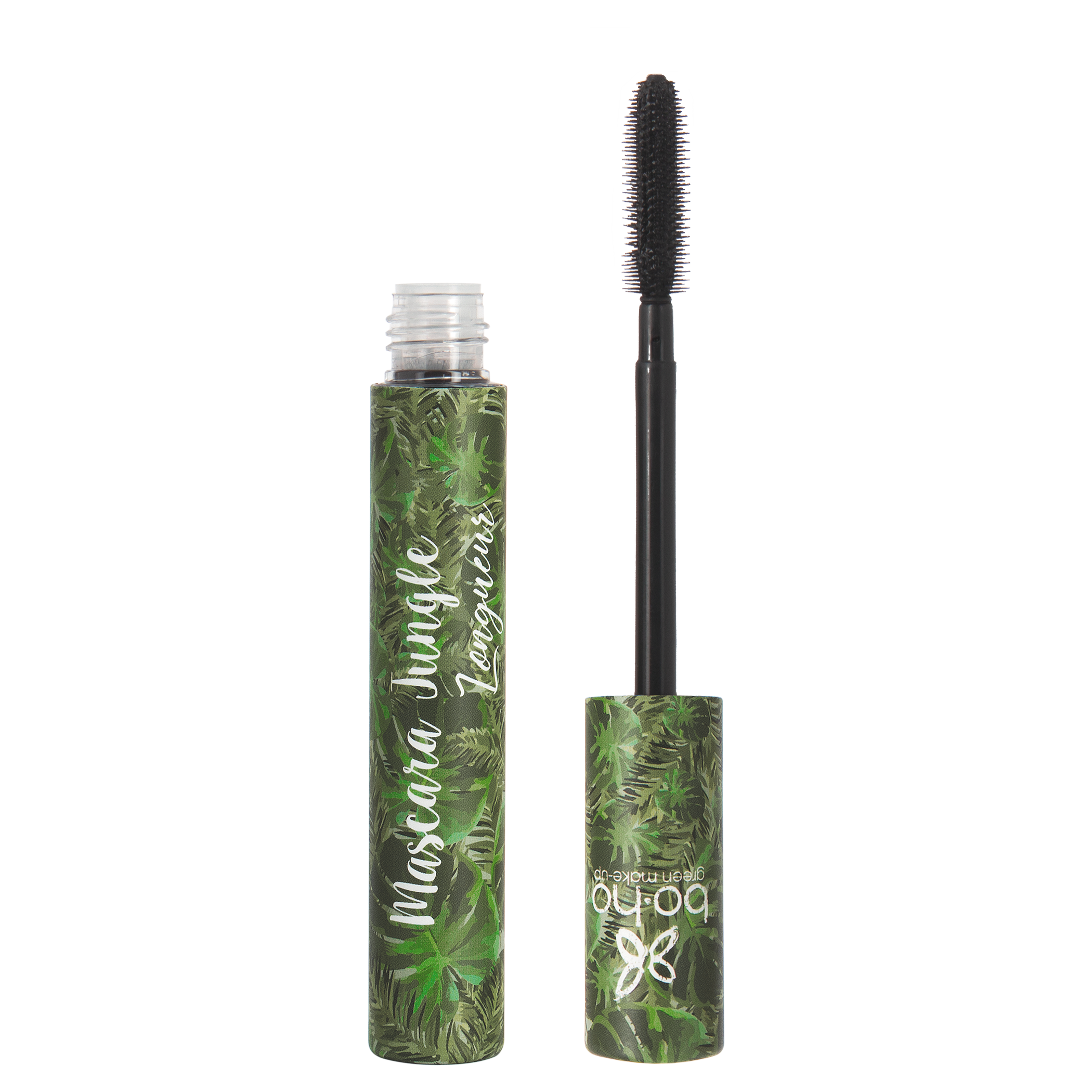 Boho Green Makeup vegan mascara in green with jungle-inspired packaging, 8ml tube for natural eye makeup look.
