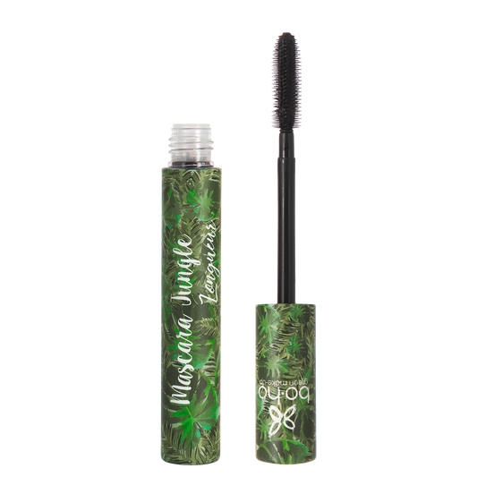 Boho Green Makeup vegan mascara in green with jungle-inspired packaging, 8ml tube for natural eye makeup look.