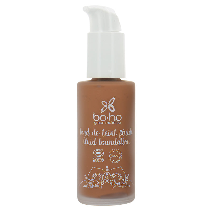 Boho Green Makeup liquid foundation 08 brun froid in 30ml bottle, featuring a sleek green and transparent packaging.