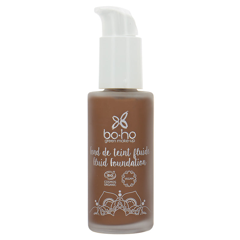 Boho green makeup liquid foundation in shade 10 Cafe au Lait, 30ml bottle, natural makeup product with green branding.