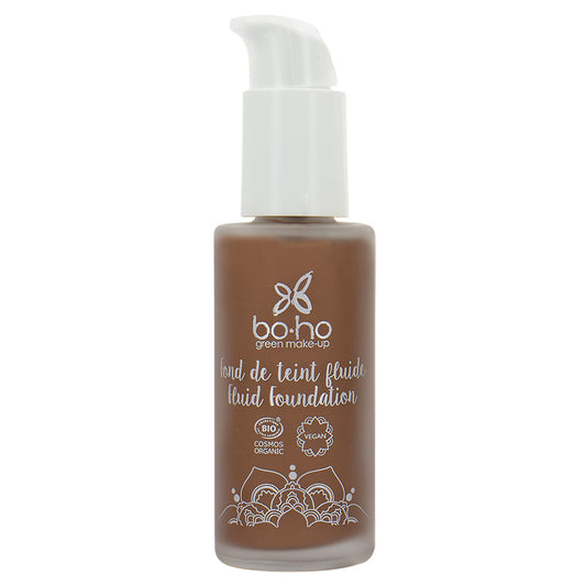 Boho green makeup liquid foundation in shade 10 Cafe au Lait, 30ml bottle, natural makeup product with green branding.