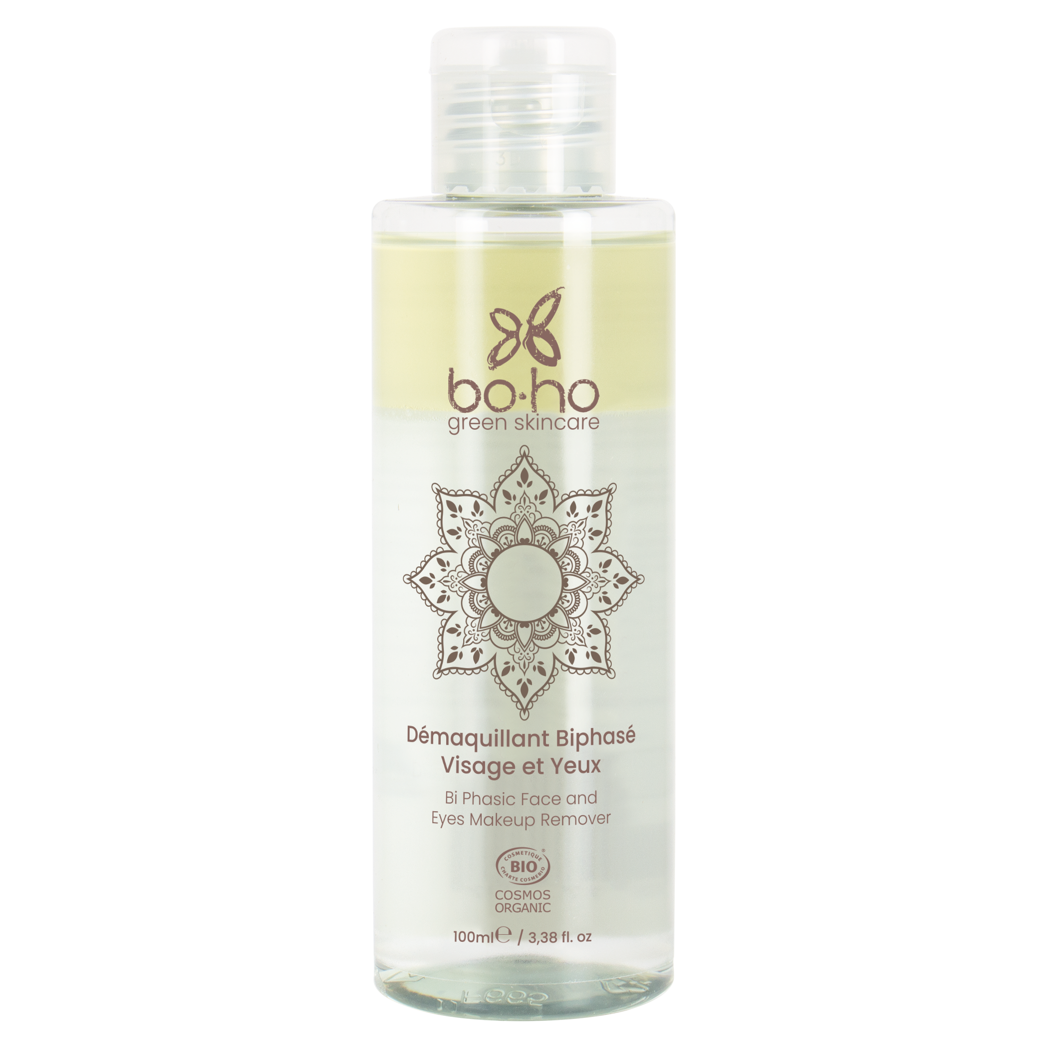 Boho Green Makeup bi-phase facial makeup remover in a 100ml bottle, gentle and effective skincare product for removing makeup.