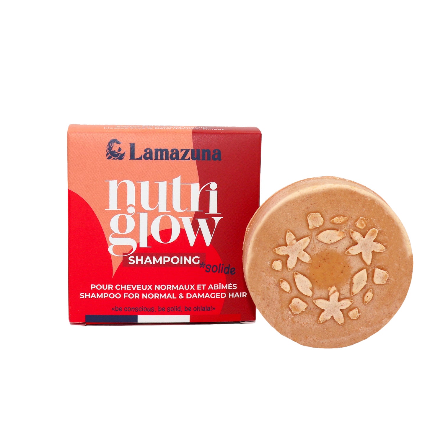 Lamazuna shampoo bar for normal hair, Nutriglow 70g, natural hair care product with a rectangular shape and eco-friendly packaging