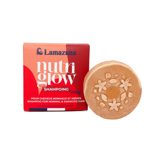 Lamazuna shampoo bar for normal hair, Nutriglow 70g, natural hair care product with a rectangular shape and eco-friendly packaging