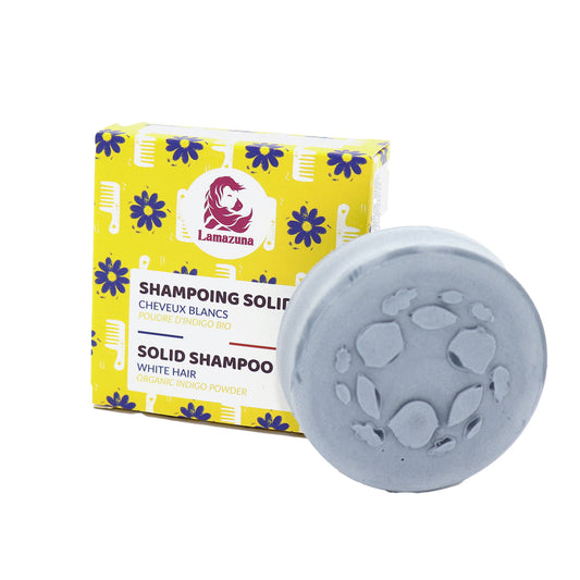 Lamazuna white hair shampoo bar with indigo powder, 70g, natural hair care product for white or gray hair.