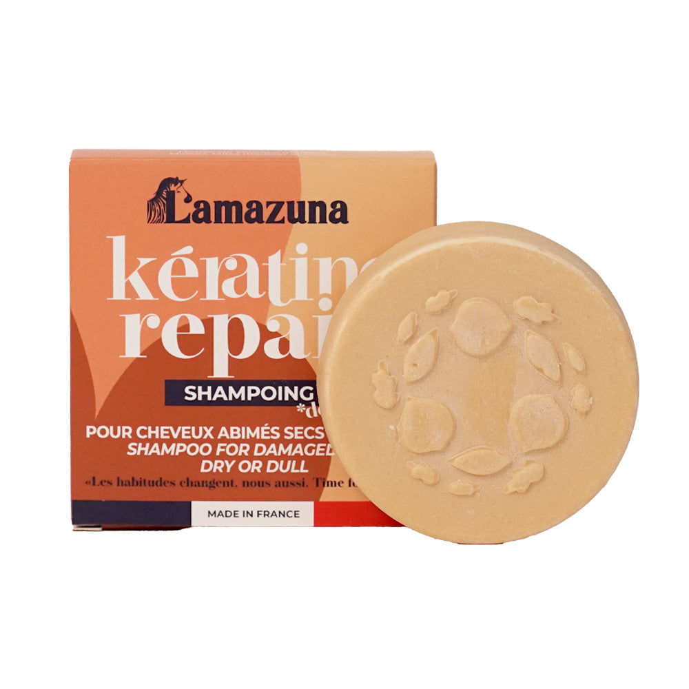 Lamazuna keratin repair shampoo bar for hair care, 63g, with natural ingredients and eco-friendly packaging.