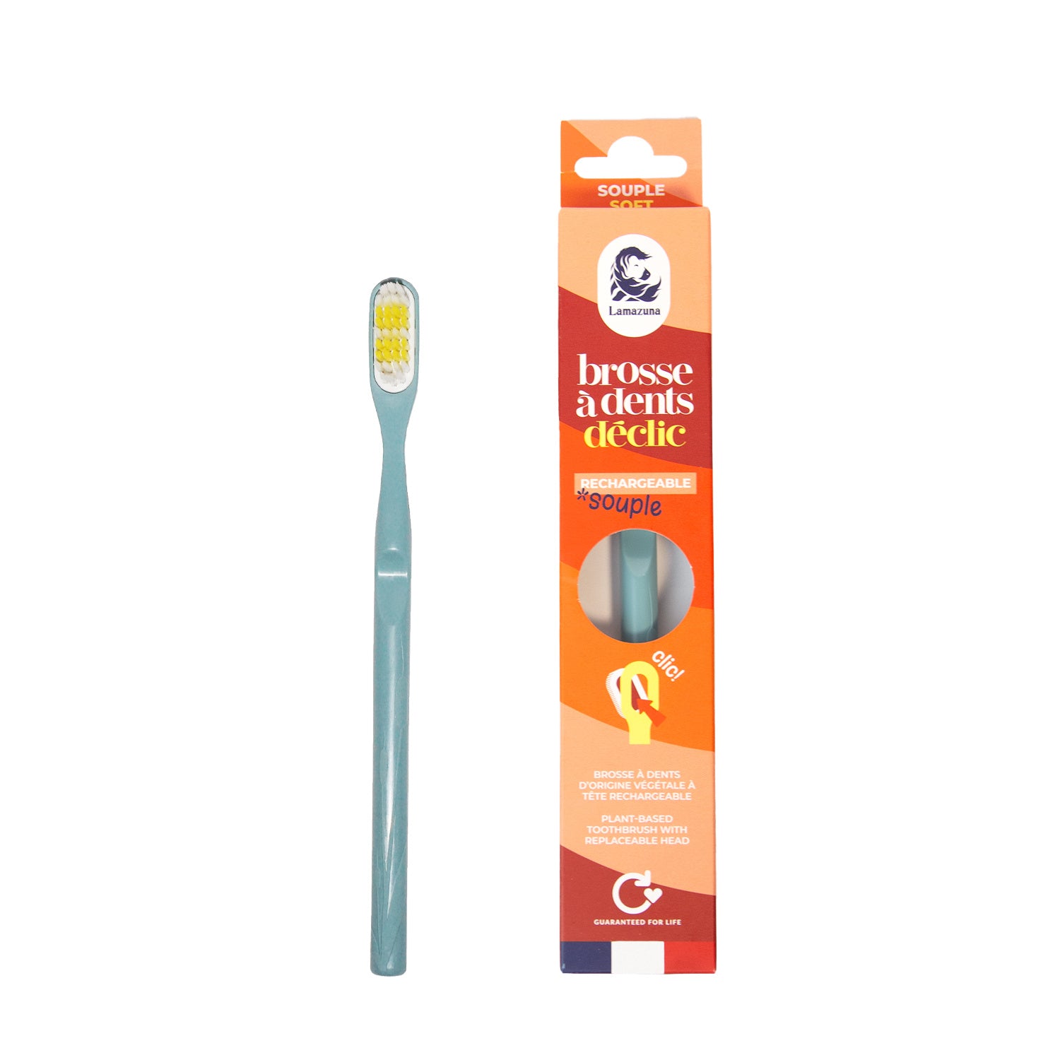 Lamazuna soft storm blue toothbrush, natural Tandenborstel with eco-friendly design, showing the textured handle and soft bristles.