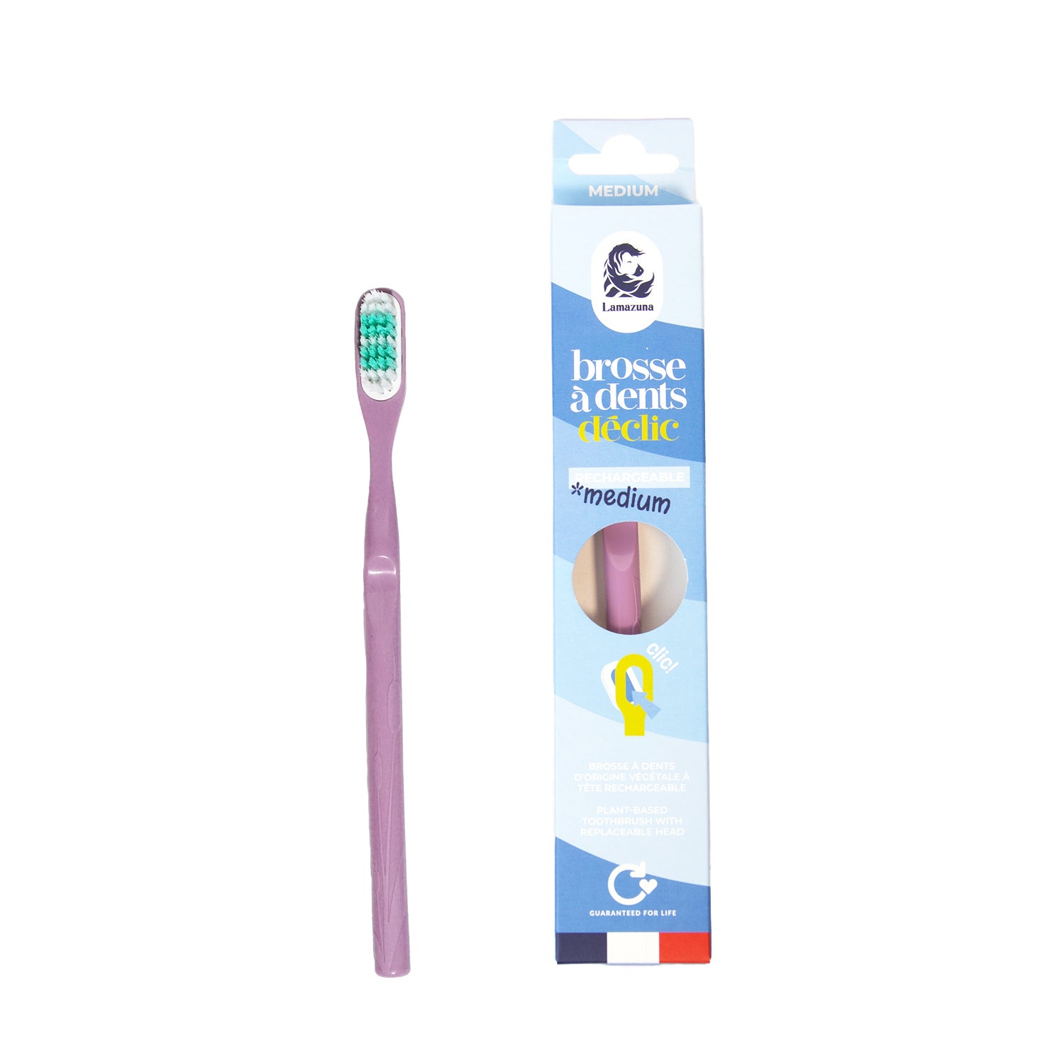 Lamazuna medium lilac toothbrush with natural bristles, ideal for daily oral hygiene and eco-friendly brushing.