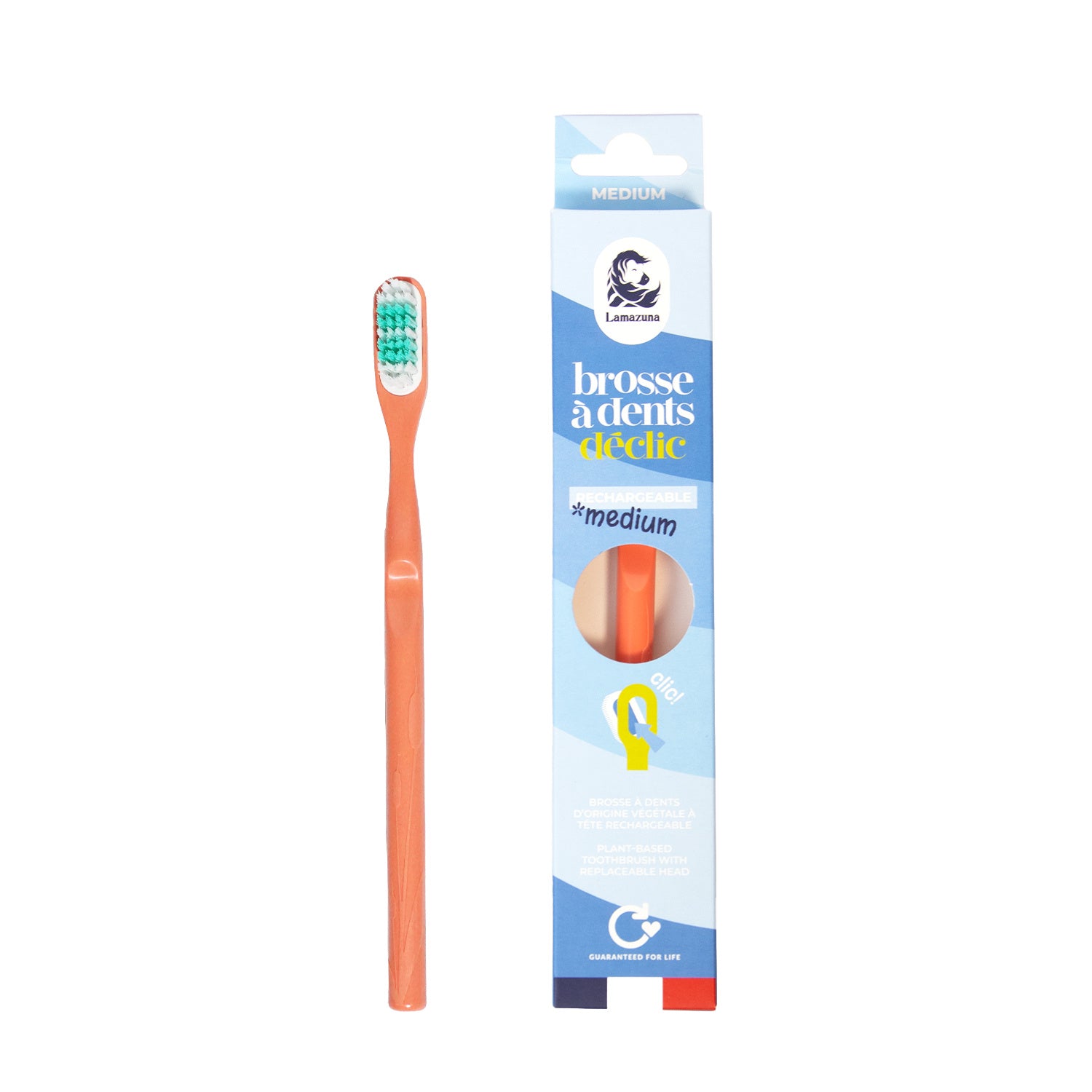 Lamazuna medium coral toothbrush with biodegradable handle, showing bristles and ergonomic design for effective oral cleaning.