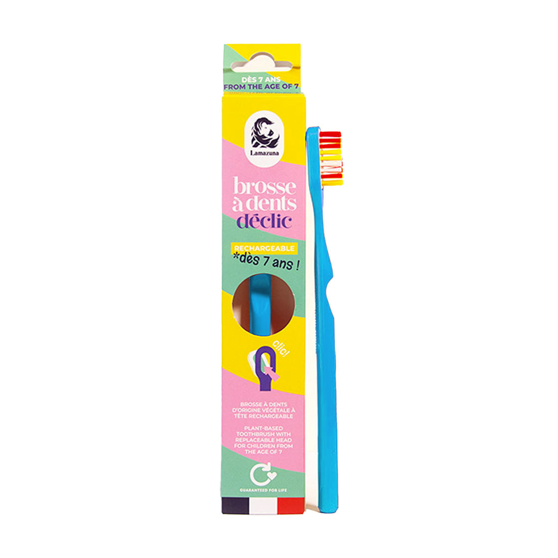 Blue Lamazuna kids toothbrush with soft bristles and ergonomic handle, designed for children's oral hygiene.