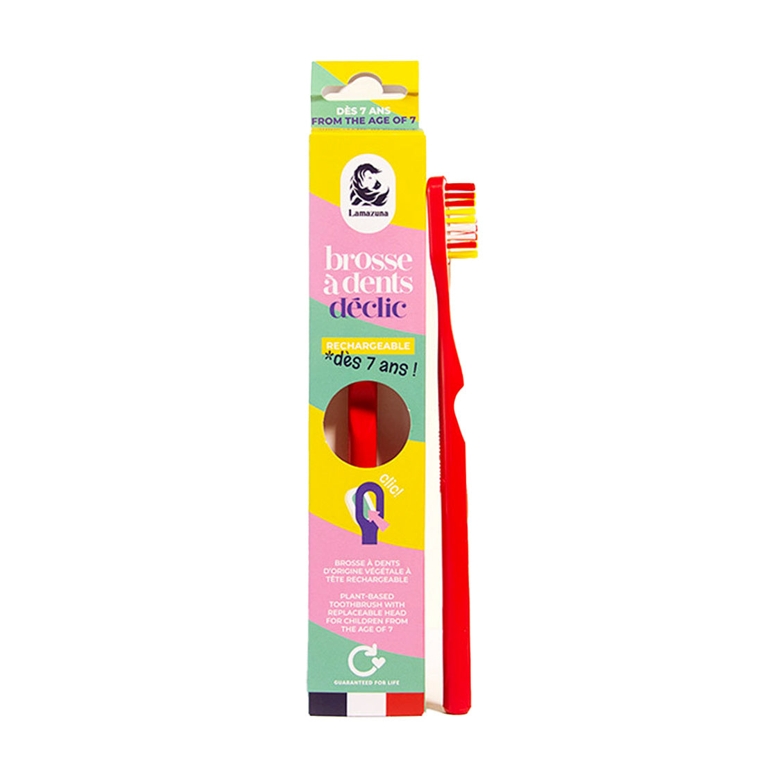 Red Lamazuna kids toothbrush with soft bristles, designed for children, displayed on a clean white background.