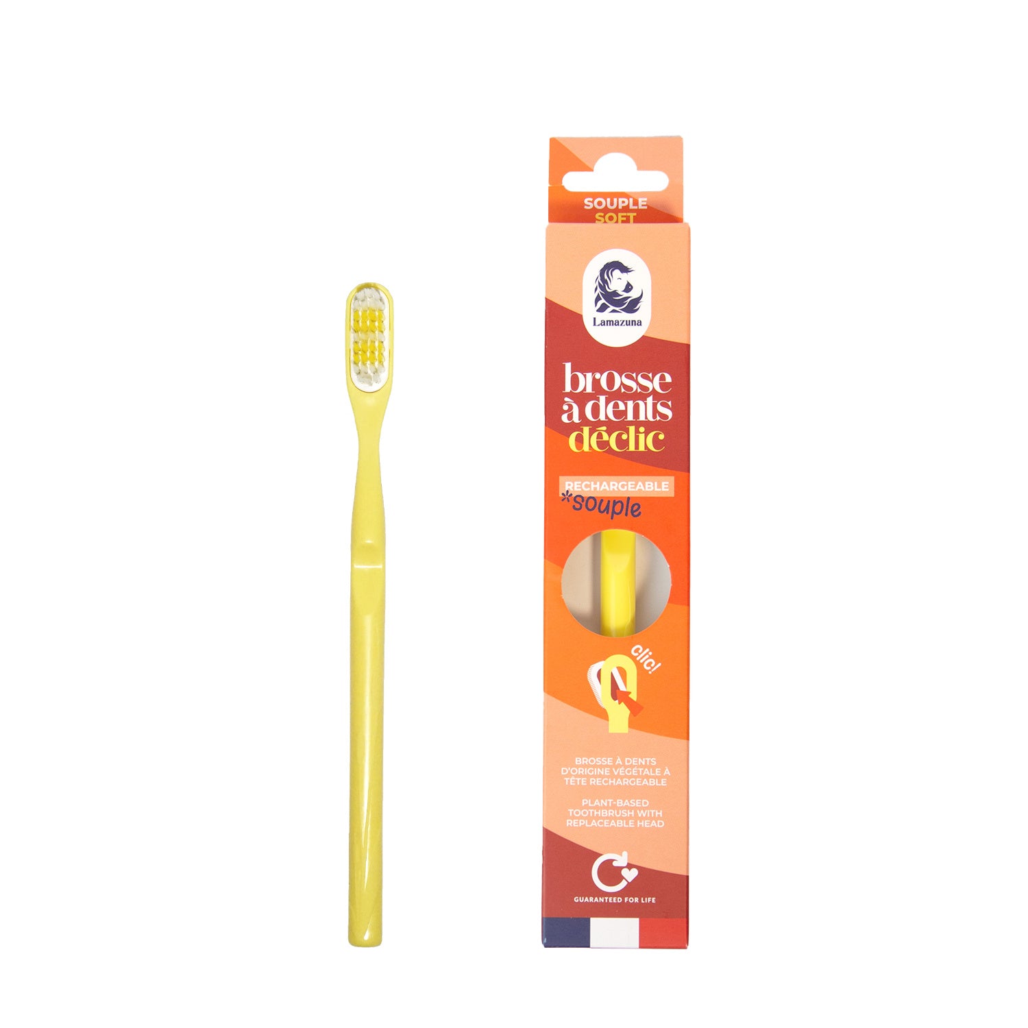 Lamazuna soft mimosa yellow toothbrush for gentle cleaning, eco-friendly Tandenborstel with biodegradable bamboo handle.