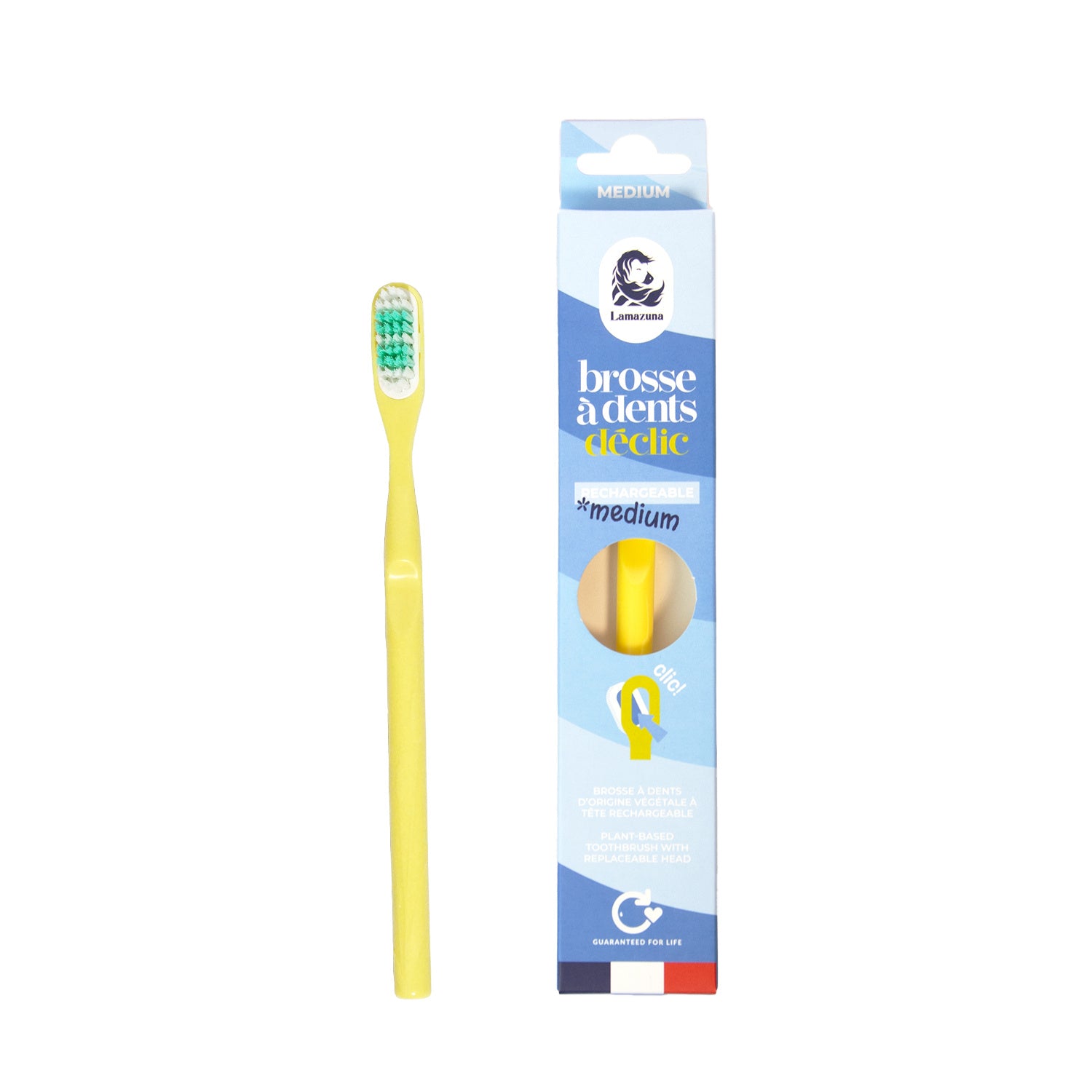 Lamazuna medium mimosa yellow toothbrush for oral care, shown with a close-up of the bristles and handle detail.