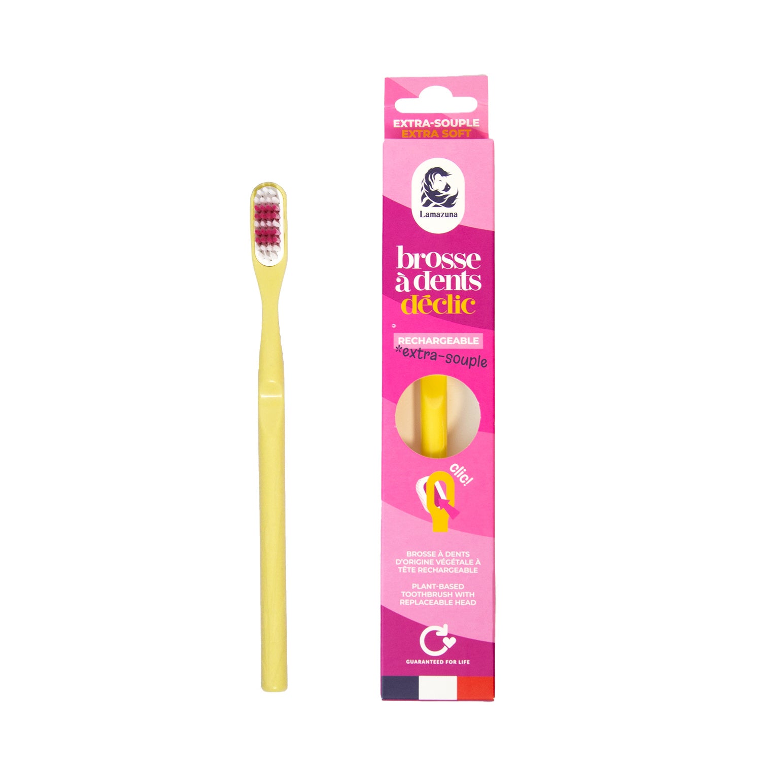 Lamazuna extra soft mimosa yellow toothbrush for gentle cleaning, shown with natural bristles and ergonomic handle.