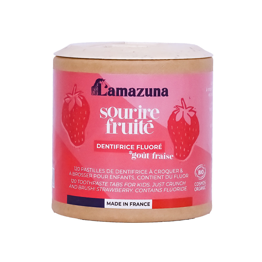 Lamazuna kids strawberry toothpaste tablets in a 30g container, natural oral care for children, eco-friendly dental product.