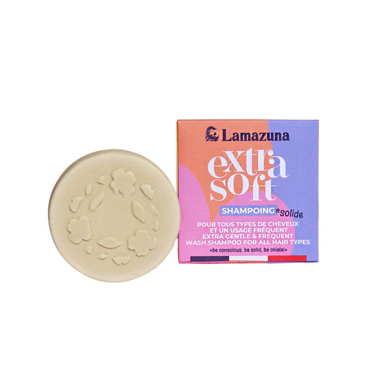 Lamazuna shampoo bar for all hair types, extra soft, 70g, natural hair care product with a minimalist design.