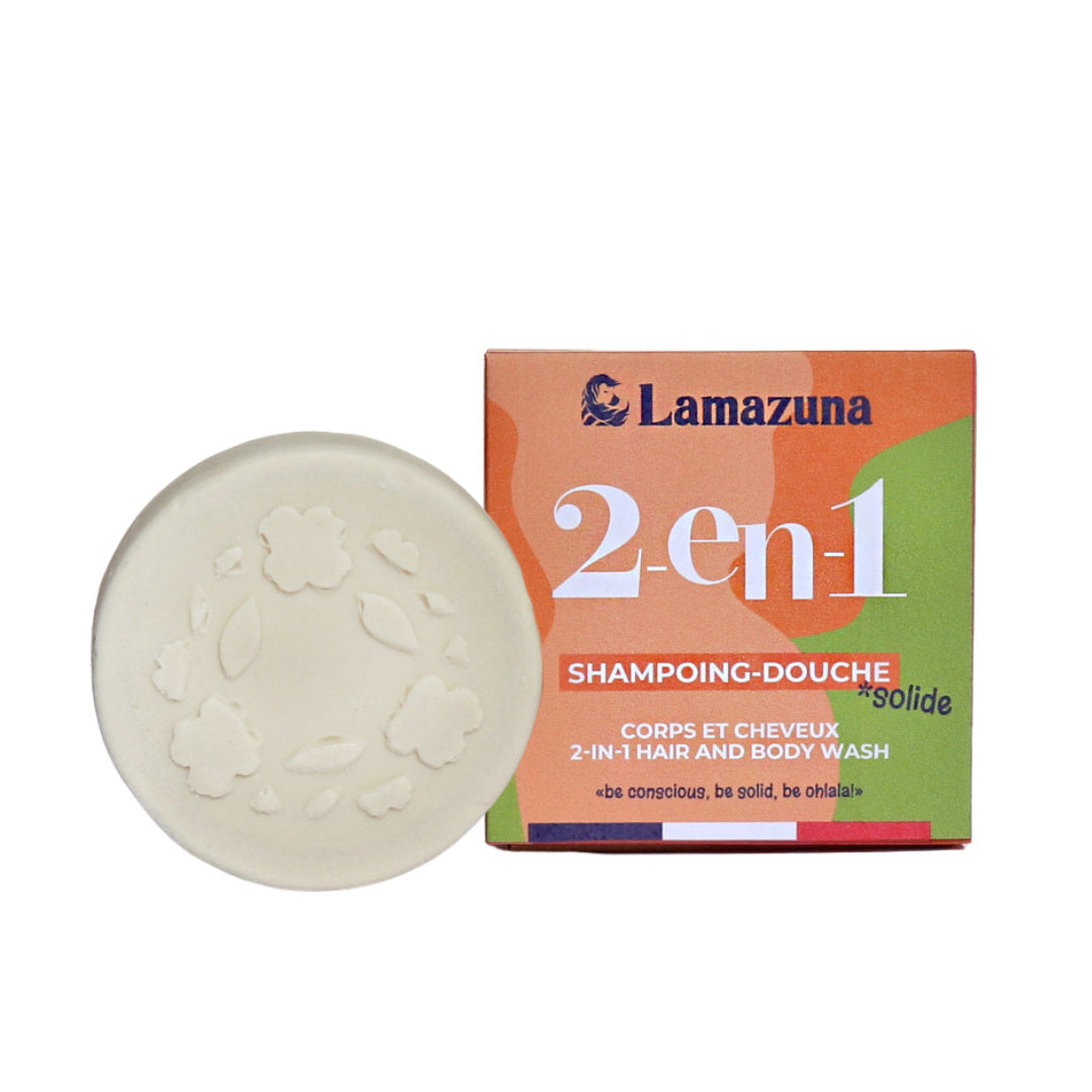 Lamazuna 2-in-1 hair and body wash bar in a 70g package, natural soap for hair and skin cleansing, biodegradable and eco-friendly