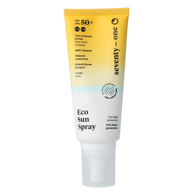 SeventyOne Percent Eco sunspray mineral SPF50 sunscreen bottle, 100ml, for sun protection with mineral ingredients.