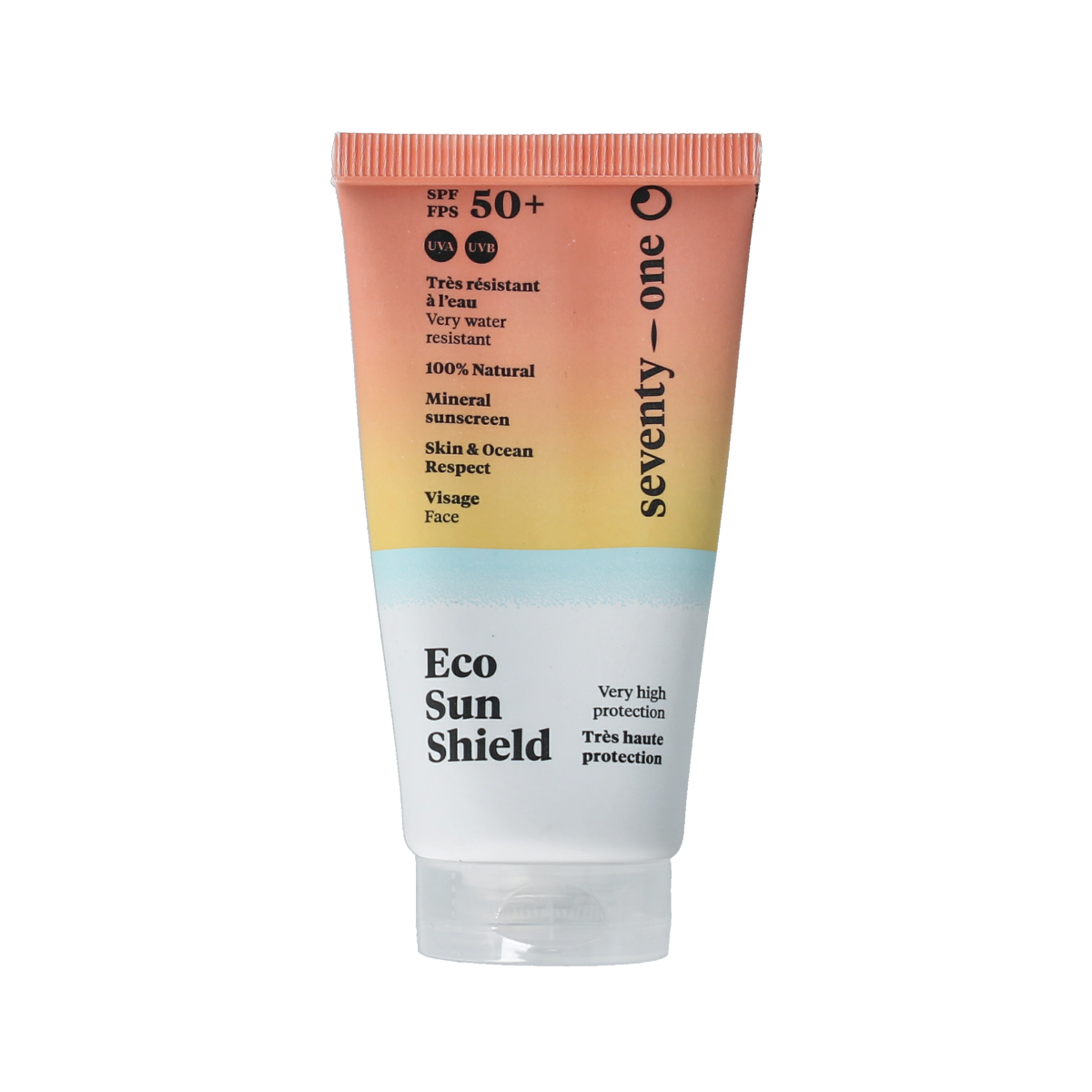 SeventyOne Percent Eco facial sunshield mineral SPF50 sunscreen in a 50ml tube, suitable for face protection from the sun.