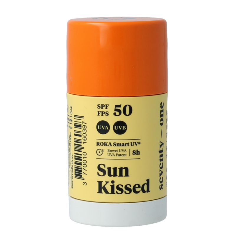 SeventyOne Percent Sunkissed SPF50 sunstick in 15g, featuring a light, natural-colored sunscreen product with a sleek packaging design.