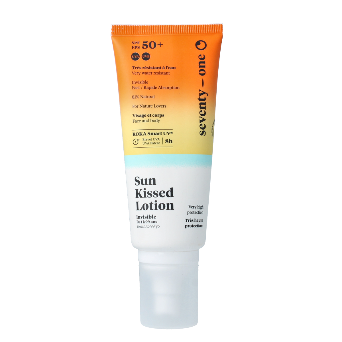 SeventyOne Percent Sunkissed lotion SPF50+ Zonnen in 100ml bottle, featuring invisible sun protection with a smooth, lightweight texture.