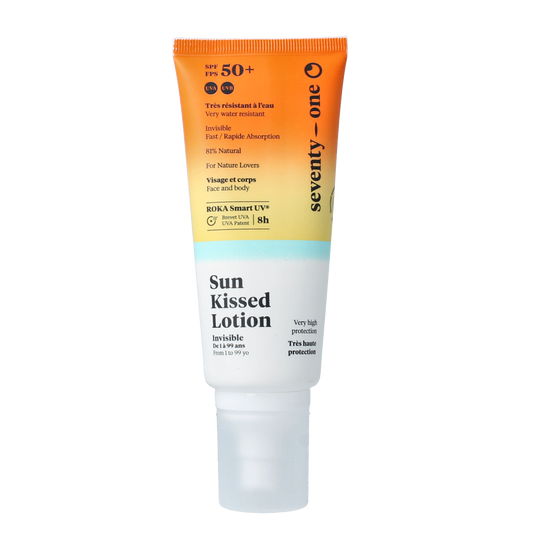 SeventyOne Percent Sunkissed lotion SPF50+ Zonnen in 100ml bottle, featuring invisible sun protection with a smooth, lightweight texture.