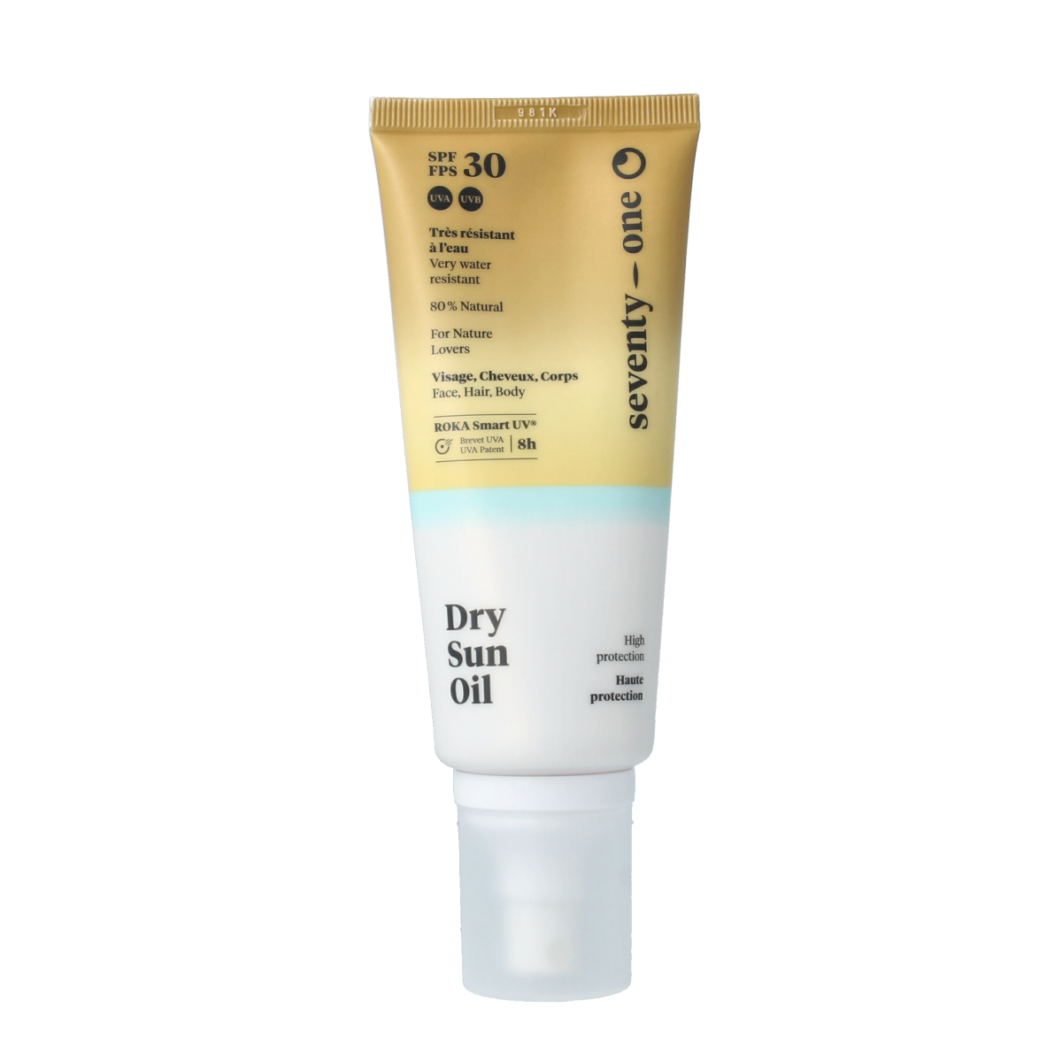 SeventyOne Percent Dry Sun Oil SPF30 bottle showing the 100ml size and product label with sun protection branding.