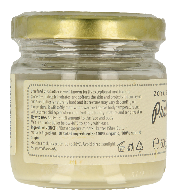 Zoya Goes Pretty Shea Butter body care product in a 60g container, showcasing creamy texture and natural skincare branding.