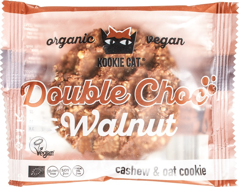 Kookie Cat cacao double choc walnut bio koeken, 50g, featuring rich chocolate and walnut toppings on a cookie.