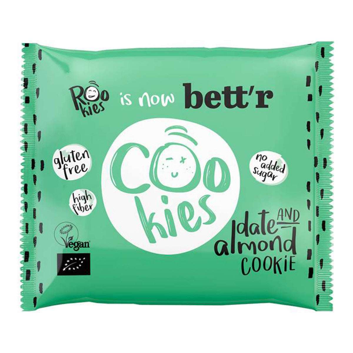 Rookies gluten-free almond and date cookies in a 40g package, showing golden-brown koeken with almond pieces.
