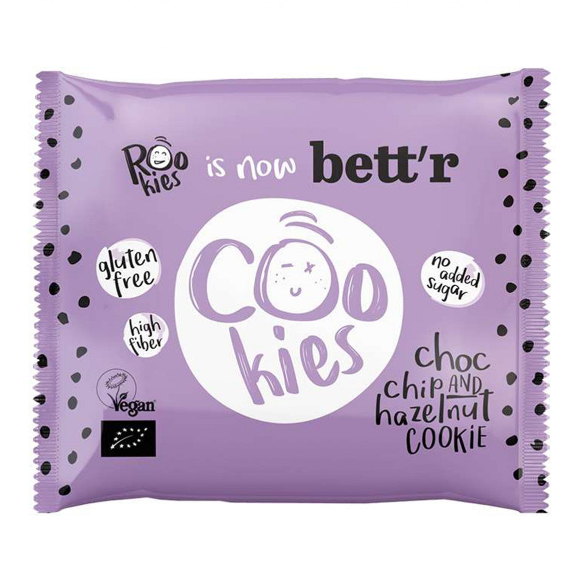 Rookies gluten-free chocolate chip and hazelnut cookies in a 40g package, showcasing the crispy koeken with chocolate chips and hazelnuts.