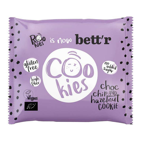 Rookies gluten-free chocolate chip and hazelnut cookies in a 40g package, showcasing the crispy koeken with chocolate chips and hazelnuts.