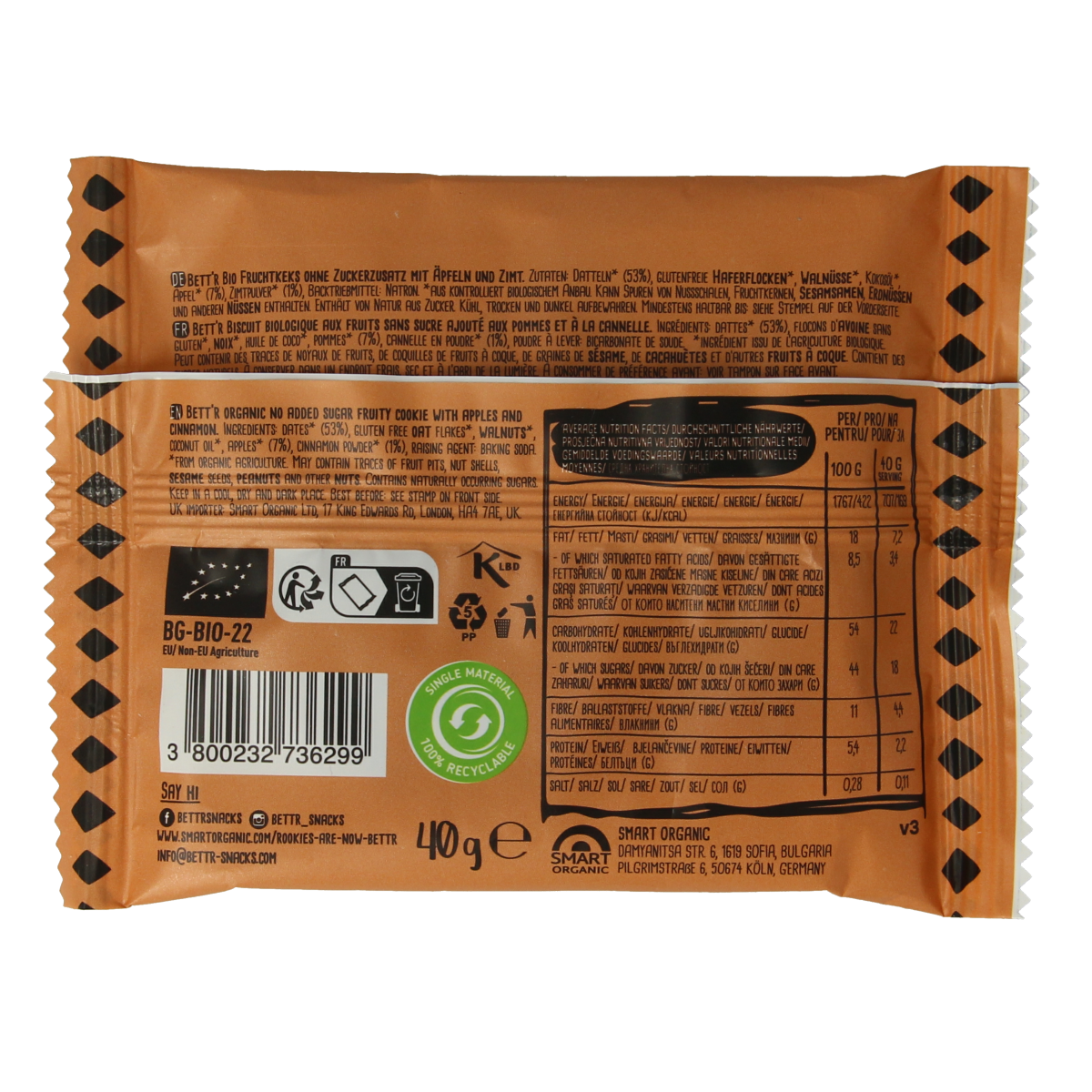 Rookies Cookie apple and cinnamon gluten-free organic cookies, 40g, featuring golden baked koeken with apple and cinnamon flavor.