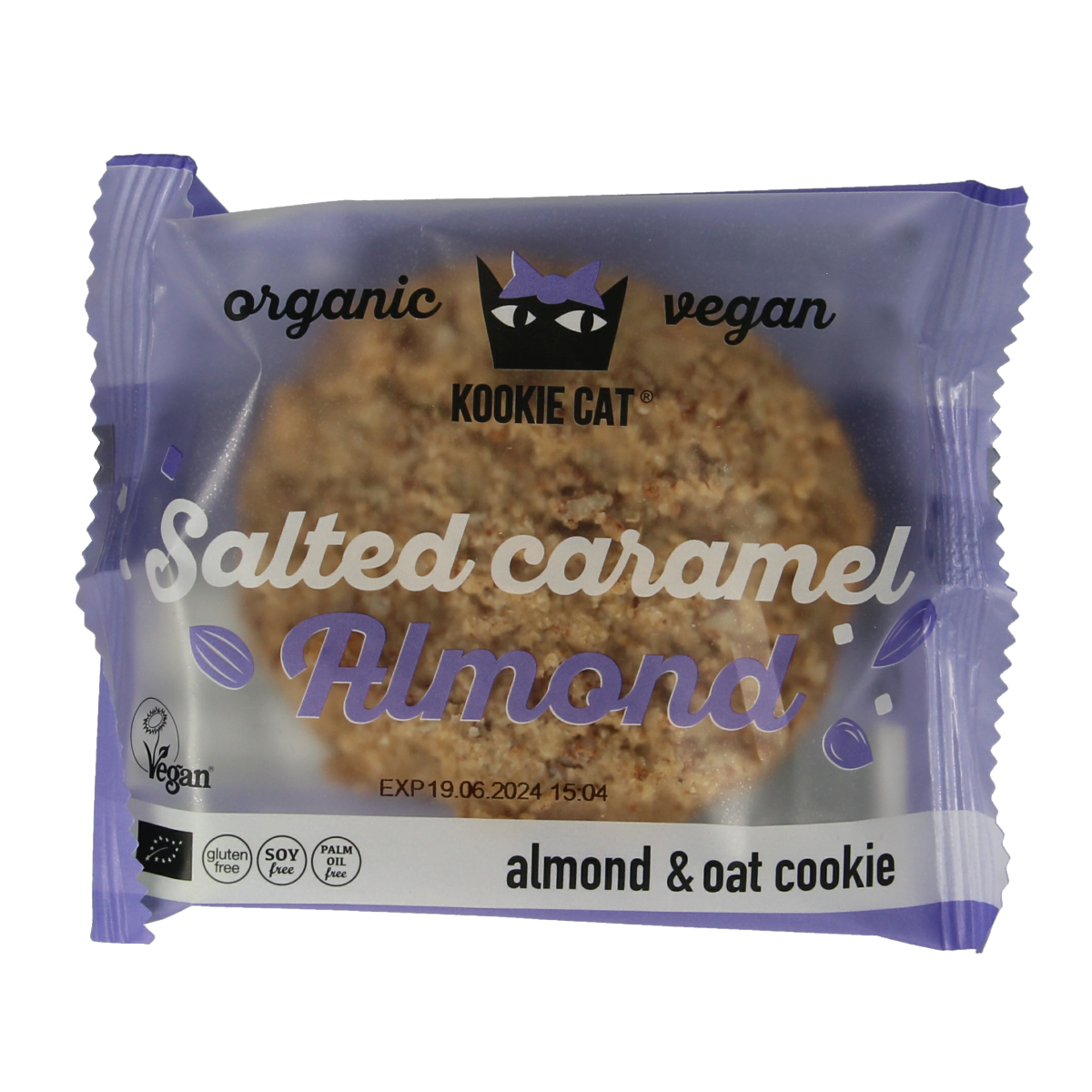 Kookie Cat salted caramel and almonds organic snack in 50g package, showing the snack pieces with caramel and almond ingredients.