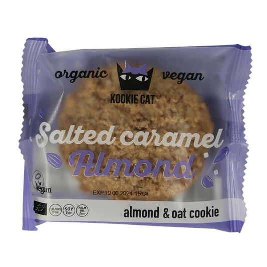 Kookie Cat salted caramel and almonds organic snack in 50g package, showing the snack pieces with caramel and almond ingredients.