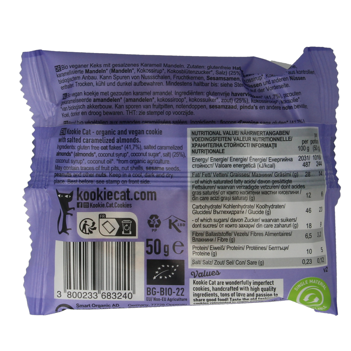 Kookie Cat salted caramel and almond snack in a 50g package, organic caramel and almond treats for snacking.